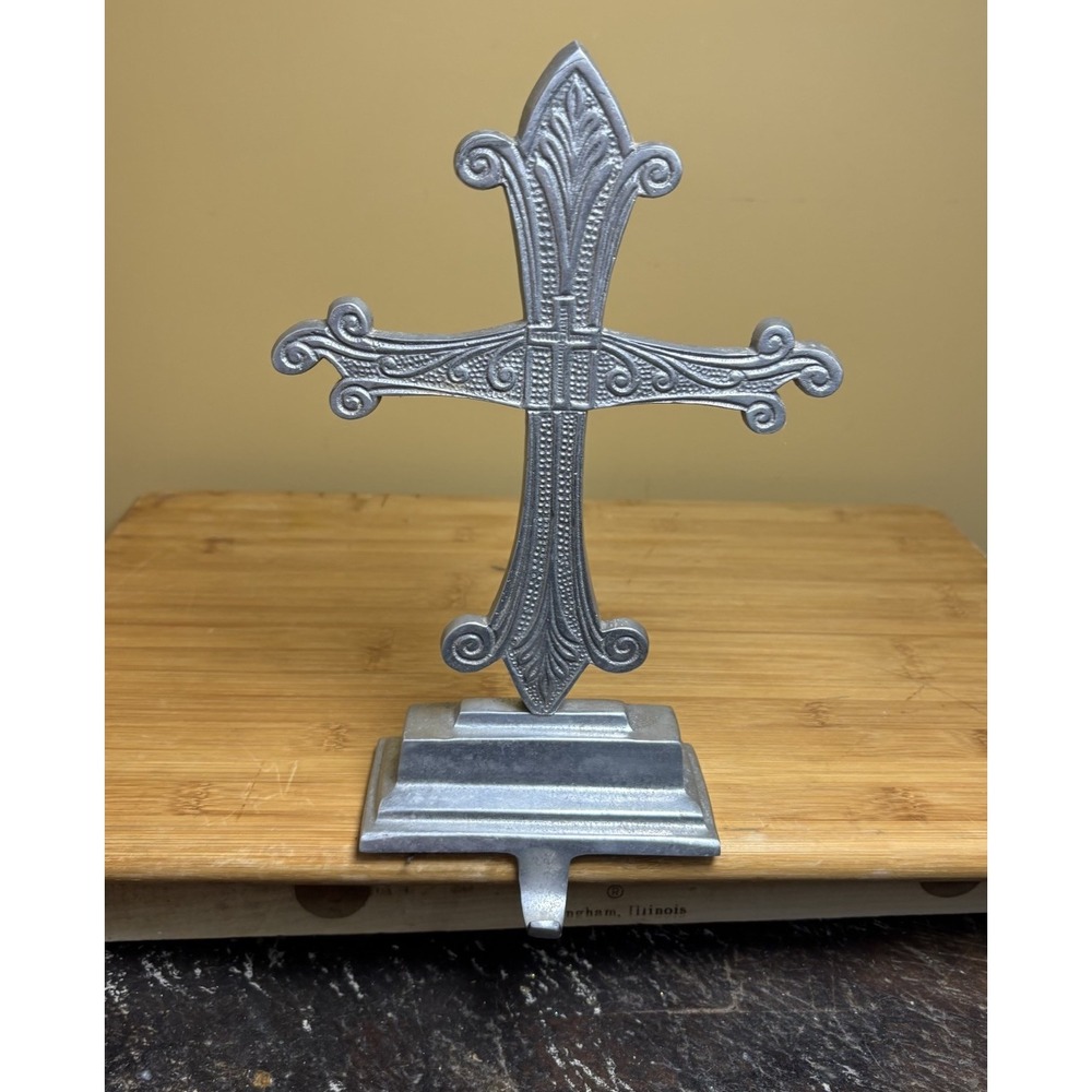Cross Christmas Stocking Holder-11"x7" Silver Tone Ornate‎ Hammered Metal. Heavy